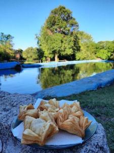 a plate of food on a rock next to a lake at Nuevo Hotel Villa Giardino in Villa Giardino