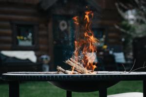a fire pit in front of a log cabin at Chalet Nezabudka High Tatras in Tatranska Strba