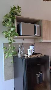 a microwave on top of a refrigerator in a kitchen at Terrazas al Golf in Alta Gracia