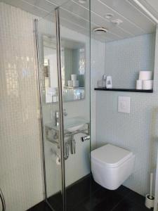 a bathroom with a toilet and a glass shower at Villa Baneheia-Studios & Apartment in Kristiansand