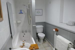 une salle de bain avec une baignoire, des toilettes et un lavabo dans l'établissement Carol Cottage, à Kilkeel