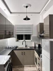 a kitchen with a sink and a refrigerator at Kyklamino Apartment in Loutra Oraias Elenis +14 photos