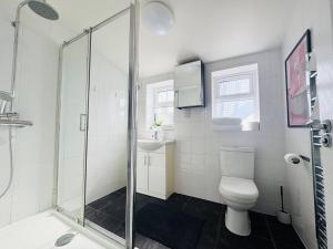 a bathroom with a shower and a toilet and a sink at Central Luton 1 Bedroom Flat in Luton