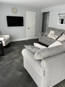 ein Wohnzimmer mit zwei Sofas und einem Flachbildfernseher in der Unterkunft The Moravian in Allentown