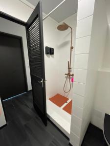 a bathroom with a shower and a black door at Tahiti Sunshine in Papeete +18 photos