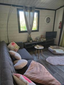 a living room with a couch and a tv at Cottage varrois in Solliès-Toucas
