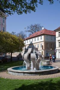 een fontein in een park met mensen die er omheen lopen bij Hotel Richmond Teplice in Teplice