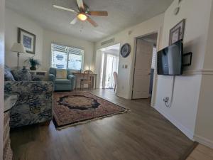 ein Wohnzimmer mit Couch und Flachbildfernseher in der Unterkunft Oceanfront in Canaveral, Views, Heated Pool & Spa in Cape Canaveral