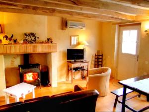 a living room with a fireplace and a tv at Gîte L'Orée du Bois - Nature et détente avec animaux admis, jardin privé - FR-1-381-200 in Mazières-de-Touraine