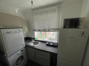 a small kitchen with a refrigerator and a sink at Brixton Attic in London +6 photos