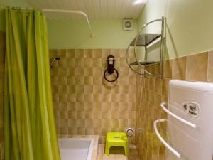 a bathroom with a shower with a green shower curtain at Maison Périgord près de Sarlat, calme et charme - FR-1-616-16 in La Roque-Gageac +17 photos