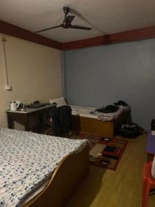 una camera da letto con due letti e un ventilatore a soffitto di Lake forest guest house a Pokhara