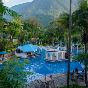 奇旺Riverside Springs Resort的享有度假村游泳池的景致