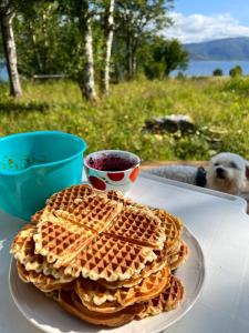 a stack of waffles on a table with a dog at Peaceful Island Retreat in Seaside Cottage with Hidden Beach & Private Boat in Forstranda
