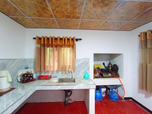 cocina con fregadero y alfombra roja en Sunrise Jungle Villa, en Mirissa