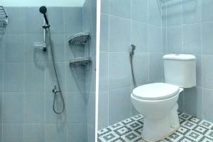 a bathroom with a toilet and a shower at Capital O 92804 La Tansa Syariah Hotel in Bekasi