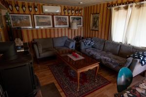 a living room with a couch and a coffee table at Forest Outdoor 'Plan Torpet' Cabin in Södra Ström
