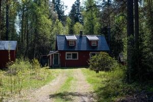 a red house with a blue roof in the woods at Private Plan Torpet Cabin in Södra Ström