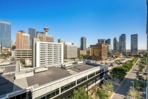an aerial view of a city skyline with buildings at Downtown Chic Retreat | Elegant + Free Parking in Calgary