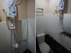 two pictures of a bathroom with a toilet and a hair dryer at Hotel Seri Pauh in Jalan Baharu +52 photos