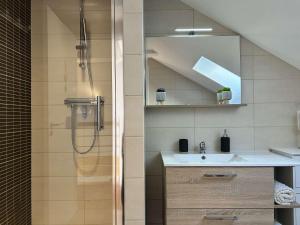 Un baño con ducha, lavabo y espejo. en Duplex rénové avec vue exceptionnelle sur le port d’Erquy, en Erquy
