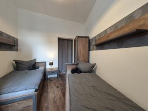 a bedroom with two beds and a night stand with a lamp at Mikra Homes24 in Gößnitz in Gößnitz