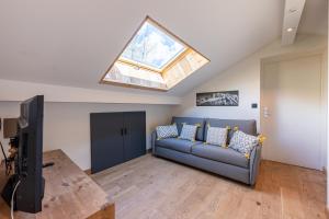 sala de estar con sofá y tragaluz en Chalet de l'alpette, en Valloire