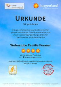 Certifikát, ocenenie alebo iný dokument vystavený v ubytovaní Wohnstube Familie Forauer