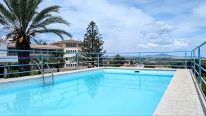 a swimming pool with a palm tree and a building at Blu Mare apartment in Peniscola