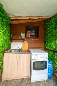 a kitchen with a sink and a stove at Domek nad jeziorem, Mikołajki in Mikołajki