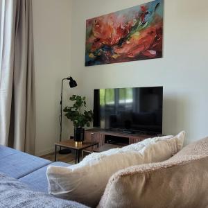 a living room with a couch and a flat screen tv at Vakantiewoning aan het water, vissen, wandelen en genieten in de natuur in Geel