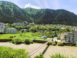 a view of a city with a mountain in the background at Wonderwood Borjomi Cottage in Borjomi