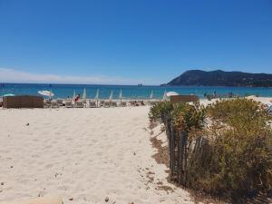 Una playa con un montón de sombrillas y el océano. en L'endroit, en La Seyne-sur-Mer