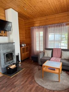 Una sala de estar con un sofá y una chimenea. en Kolazko Apartments, en Vuokatti