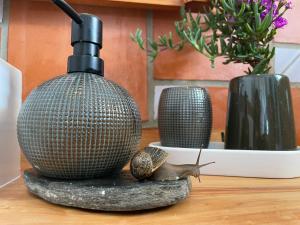 Un caracol sentado en una roca junto a una botella. en Orange Tree house, Silver Coast, Alcobaça, Nazaré, en Alpedriz