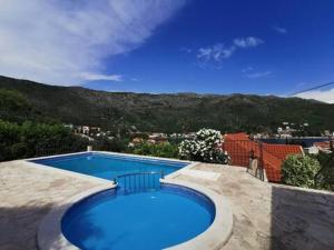 a large blue swimming pool with a mountain in the background at Villa Lovor in Zaton