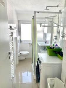 a white bathroom with a toilet and a sink at Ferienwohnung Seehas am Bodensee in Friedrichshafen