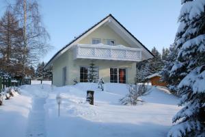 a house covered in snow with a yard at Ferienhaus Vogtlandresidenz in Beerheide