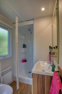 ein Badezimmer mit Badewanne, Waschbecken und Dusche in der Unterkunft Domaine Résidentiel de Plein Air La Sagne in Vitrac