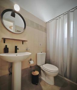 a bathroom with a toilet and a sink and a mirror at Alezina studios in Amorgos