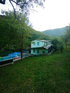 a blue house with a train in a field at Hostel 555 by VL in Alaverdi