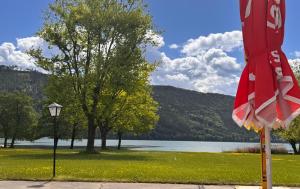 una bandiera su un palo con un lago sullo sfondo di Lakeside Inn a Spittal an der Drau
