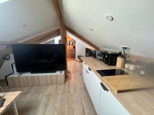 a kitchen with a large flat screen tv in a attic at Cozy apartment in Neuville-les-Dames