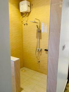 a bathroom with a shower with a glass door at Nico Garden Apartment in Dodoma +49 photos