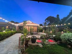 a backyard with a garden at night with lights at Hy Viên boutique Garden & Swimming pool in Cồn Giả Viên
