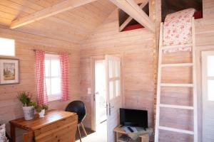 a tiny house with a desk and a ladder at Moerenhof Blockhütte Xanten in Xanten