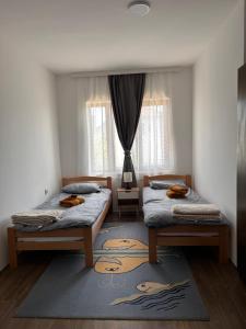 a bedroom with two twin beds and a rug at Apartmani Dana in Vranje