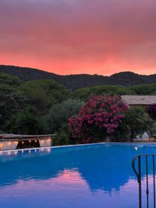 a swimming pool with a sunset in the background at Hôtel Palombaggia in Porto-Vecchio