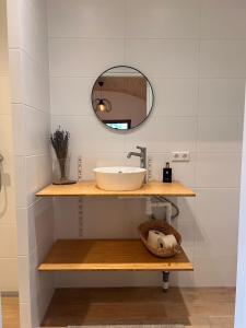 a bathroom with a sink and a mirror at Luxurious Tiny House with HotTub in Rijsenhout +19 photos