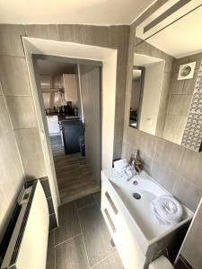 a bathroom with a sink and a mirror at Au coeur de Kaysersberg-Le Cocon de Jeanne in Kaysersberg +22 photos